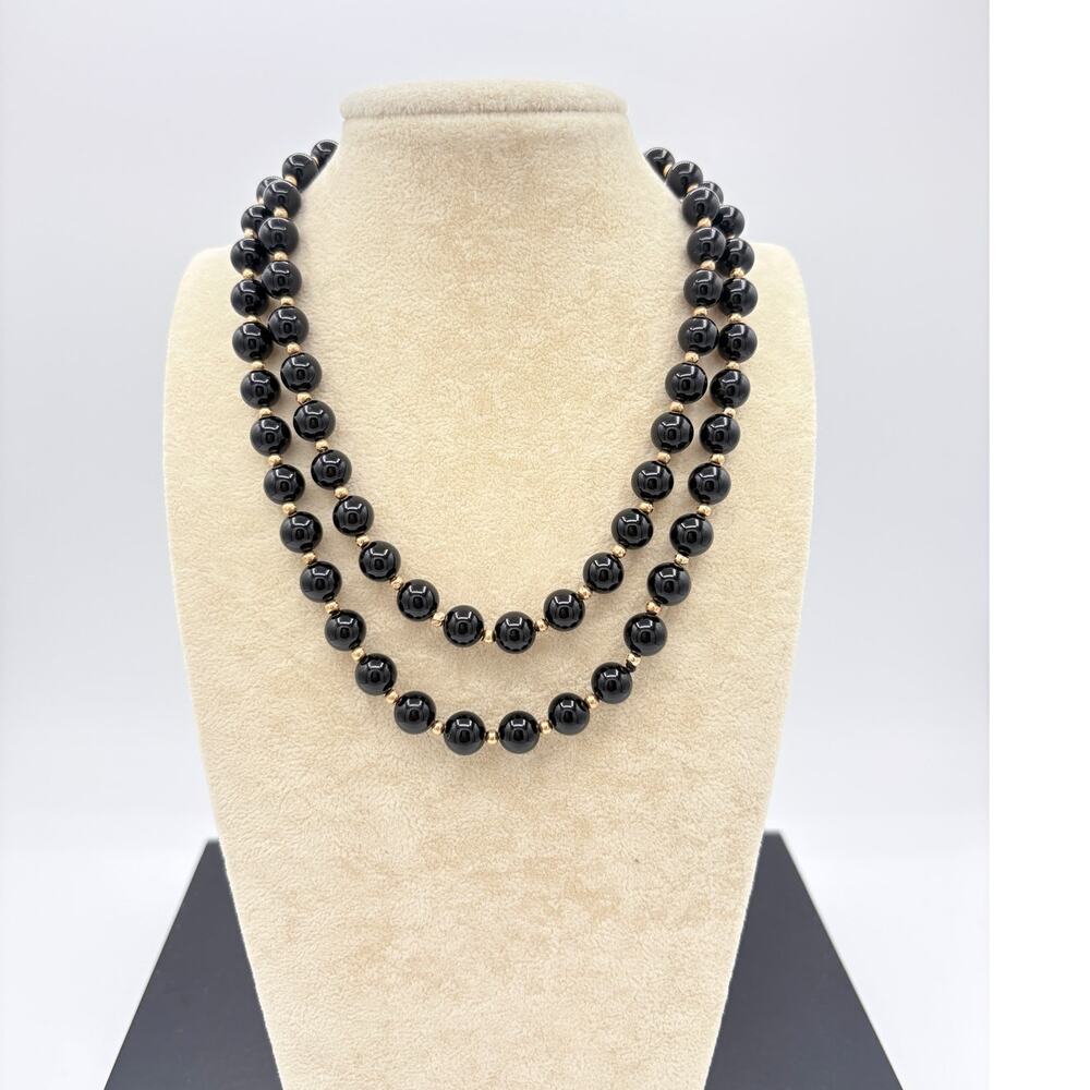 Vintage Opera Length Continuous Strand Onyx Bead Necklace with 14K Gold Spacers